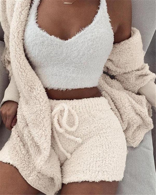 3-Piece Womenβs Pajama Set β Long Sleeve Crop Top + Tank & Drawstring Shorts Lounge Sleepwear