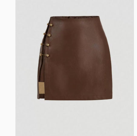 Women’s Faux Leather Mini Skirt with Metal Buttons – Trendy 2025 Street Style