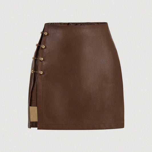 Women’s Faux Leather Mini Skirt with Metal Buttons – Trendy 2025 Street Style