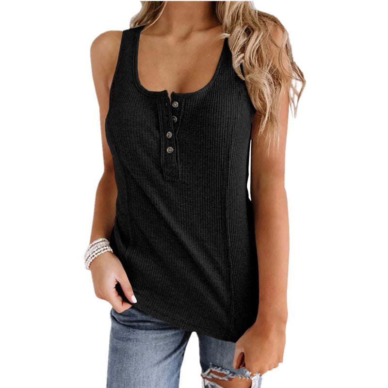Women’s Solid Button Sleeveless Tank Top – Casual Summer Henley Tank