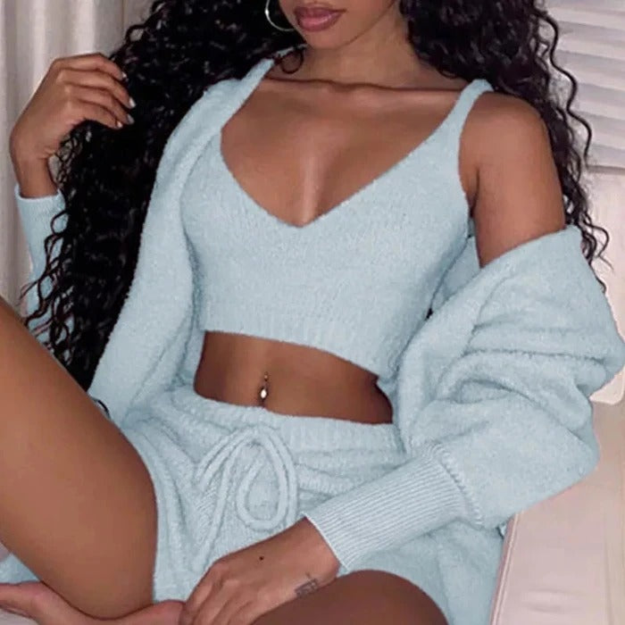 3-Piece Women’s Pajama Set – Long Sleeve Crop Top + Tank & Drawstring Shorts Lounge Sleepwear