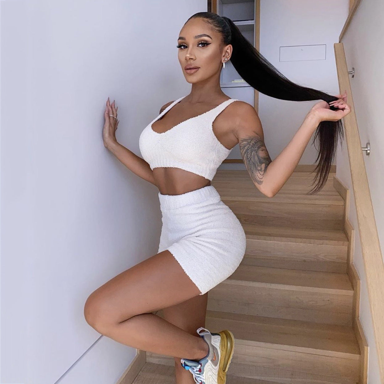 3-Piece Women’s Pajama Set – Long Sleeve Crop Top + Tank & Drawstring Shorts Lounge Sleepwear