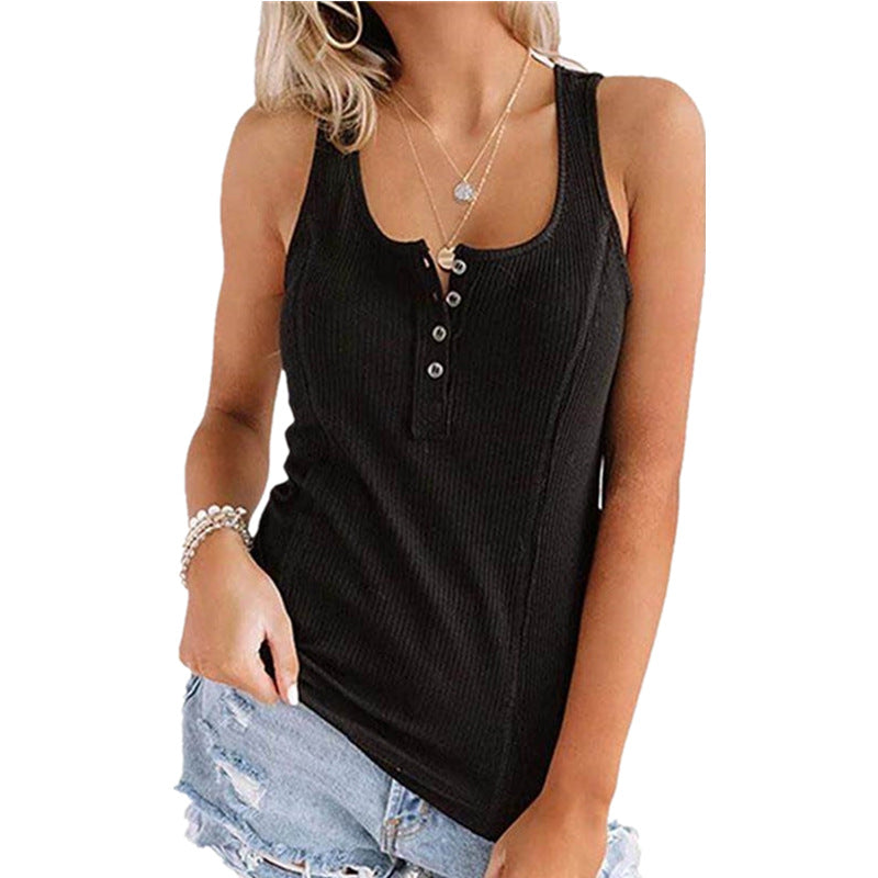 Women’s Solid Button Sleeveless Tank Top – Casual Summer Henley Tank