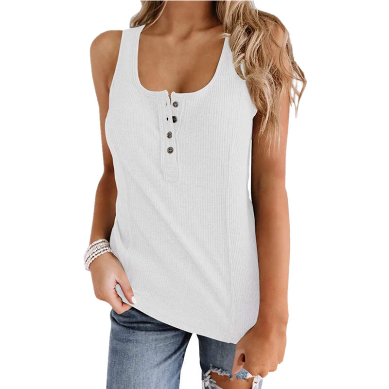 Women’s Solid Button Sleeveless Tank Top – Casual Summer Henley Tank