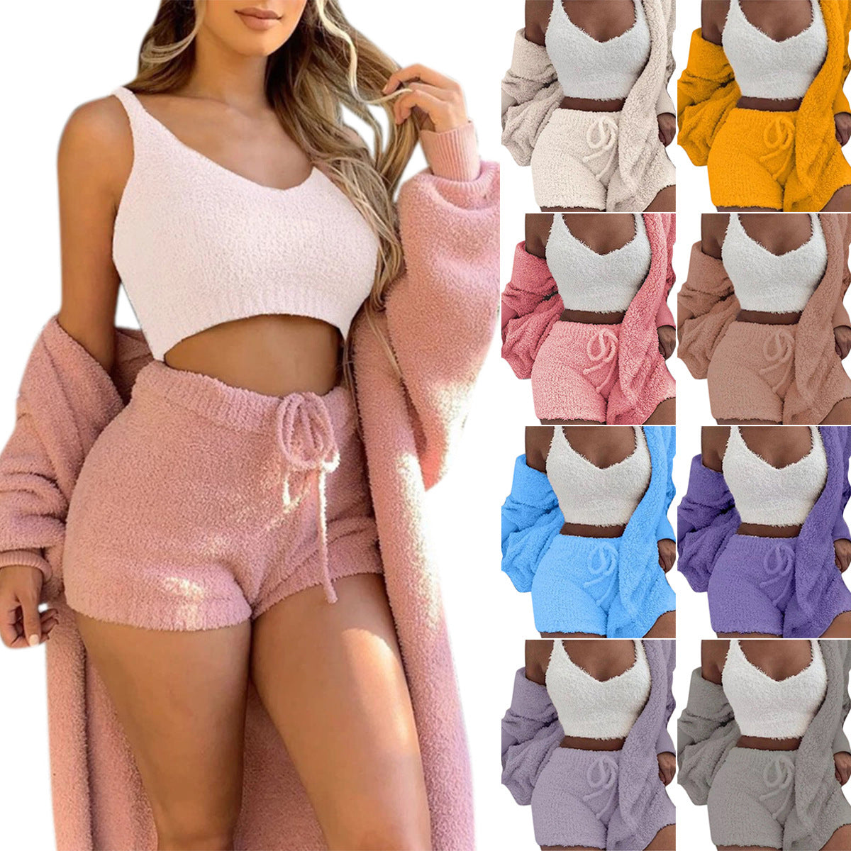 3-Piece Women’s Pajama Set – Long Sleeve Crop Top + Tank & Drawstring Shorts Lounge Sleepwear