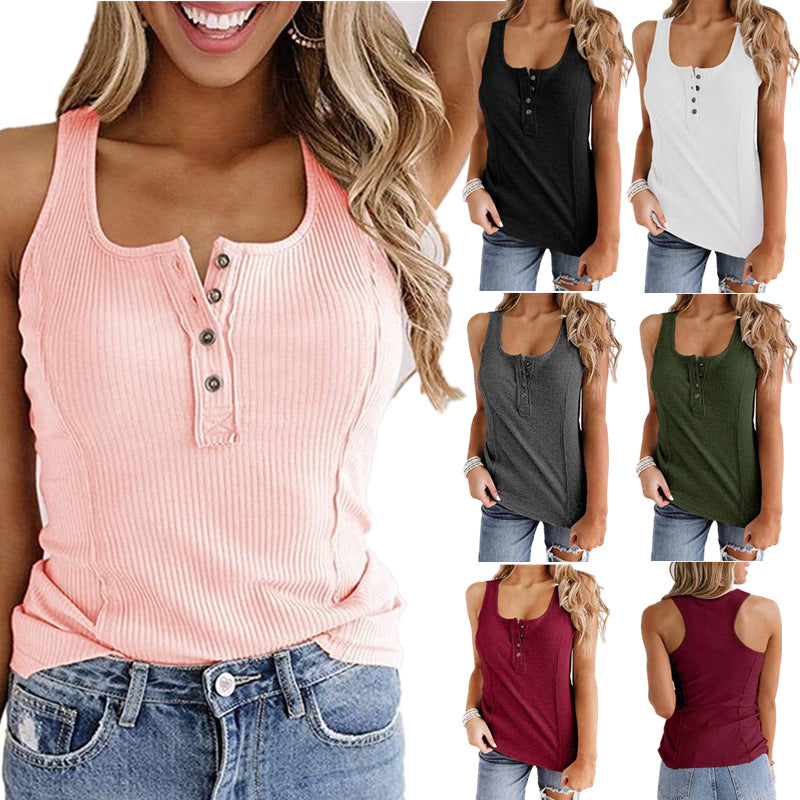 Women’s Solid Button Sleeveless Tank Top – Casual Summer Henley Tank