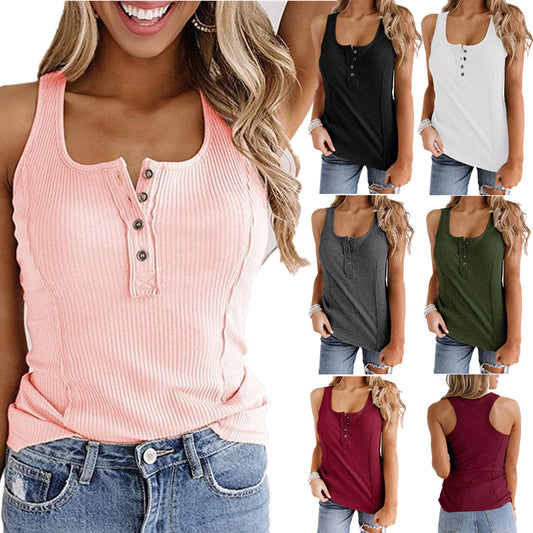 Women’s Solid Button Sleeveless Tank Top – Casual Summer Henley Tank