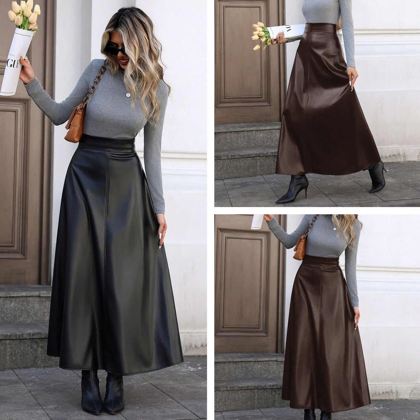 Women’s PU Leather A-Line Midi Skirt – Flared Hem & Slimming Fit