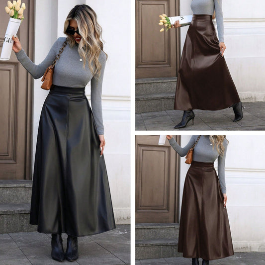 Women’s PU Leather A-Line Midi Skirt – Flared Hem & Slimming Fit