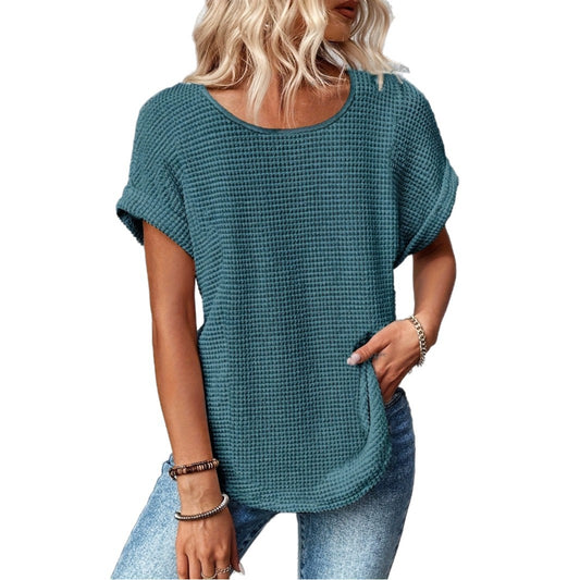 Women’s Lace Patchwork Crew Neck Top – Elegant Short Sleeve Casual Summer Blouse