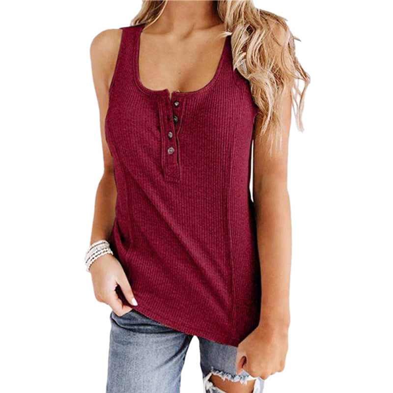 Women’s Solid Button Sleeveless Tank Top – Casual Summer Henley Tank
