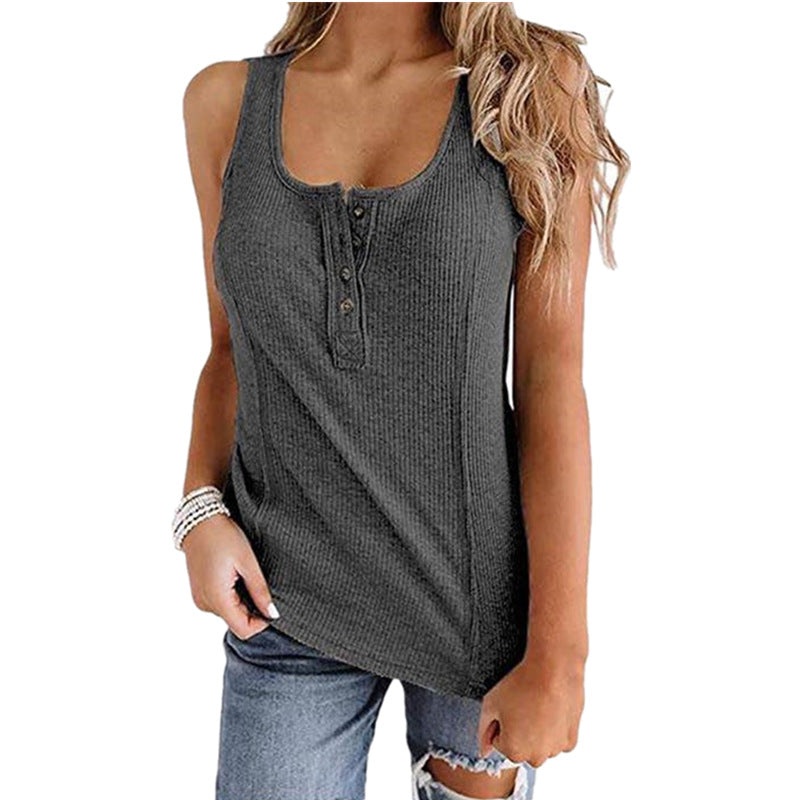 Women’s Solid Button Sleeveless Tank Top – Casual Summer Henley Tank
