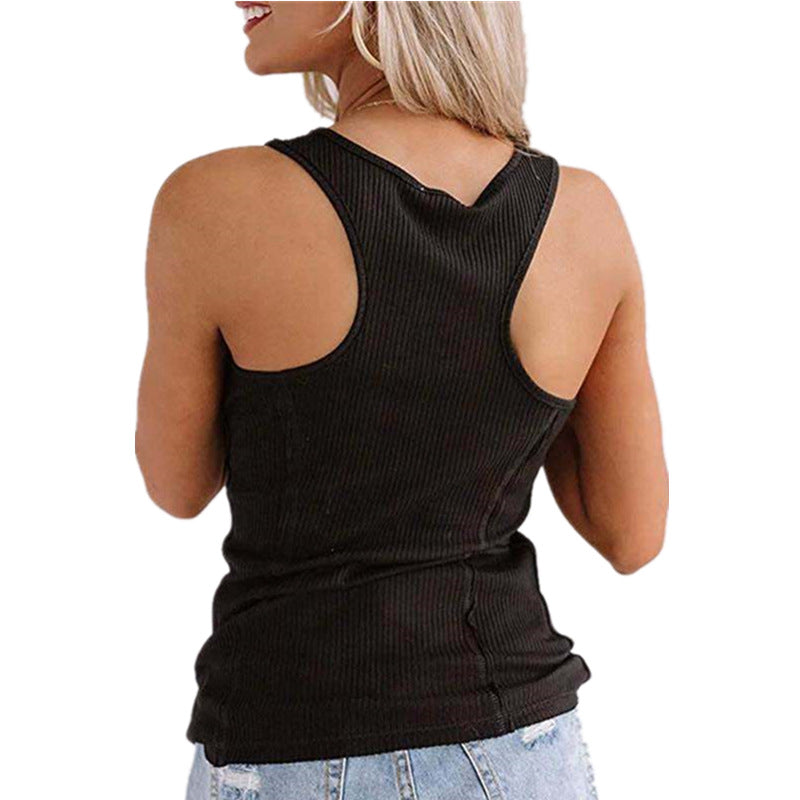 Women’s Solid Button Sleeveless Tank Top – Casual Summer Henley Tank